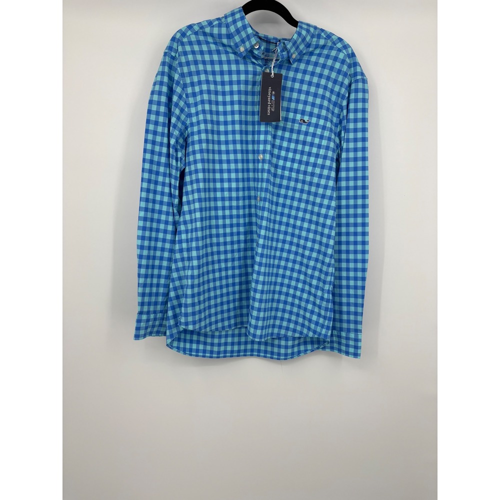 Vineyard Vines Classic Fit OTG Performance Gingham Shirt Mens Medium Blue